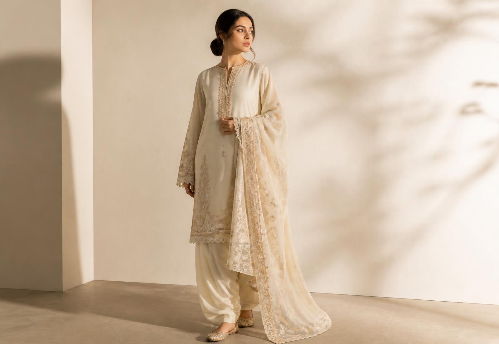 Model wearing an ivory embroidered shalwar kameez from the Khawaja Collection autumn edit